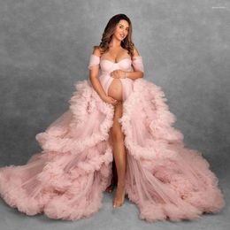 Women's Sleepwear Pink Maternity Gowns For Poshoot Off Shoulder Tulle Ruffles Pregnant Robes Women A Line Front Split Bridal Dresses