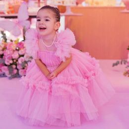 Girl Dresses Ball Gown Pink Tulle Flower For Birthday Puffy Ruffles Wedding Guest Gowns Beads Bow Kids First Communion