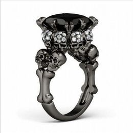 Brand Punk Jewelry Skull 10KT Black Gold Filled Demon Princess 5CT Black Sapphire Cocktail Wedding Bands Ring for Women Men201f