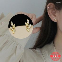 Stud Earrings 925 Sterling Silver Plated 14K Gold Korean Style Zircon Leaf Light Luxury Ladies Valentine's Day Jewelry RD032