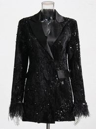 Women's Jackets HIGH STREET Est Fashion Designer Feather Coat Stylish Double Row Button Sequin Ostrich Hair Embellished Blazer