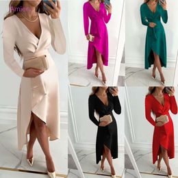 Autumn Winter Dresses For Woman Long Sleeve V-neck Crinkle Hem Split Dress Sexy Robe Elegant Vestido Outfits Clothing for Women