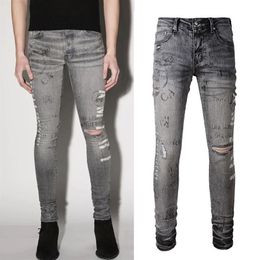 Men's Printed Grey Stretch Denim Jeans Slim Fit Zip Close Details245q