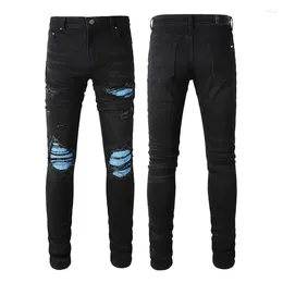 Jeans da uomo Nero Y2k Streetwear per uomo Moda Distressed Stretch Fori distrutti Designer Brand Costole Toppe Pantaloni slim strappati