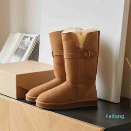 Autumn and winter leather and fur integrated long boots leather buckle two wearing boot