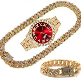 Women's Watches Luxury Gold Watch for Men Full Iced Out Watch Men Bling Miami Cuban Clock Chain Rhinestone Bracelet Necklace Jewellery Set Relogio 231025