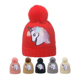 Women's beanie autumn and winter designers' brimless hats fashionable candy Coloured wool knitted unicorn pattern embroidery bonnet