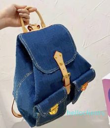 Denim backpack exquisite gorgeous printing design women's backpack Cover buckle and multi pocket shoulder bag Blue