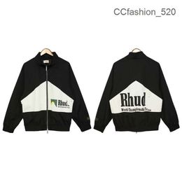 Rhude Hoodie 2023 Tidy Rhude Colour Block Hip-hop Stand Collar Jacket Letter Printing Cardigan Zipper Coat Men's and Women's Contrast Windbreaker Hooded