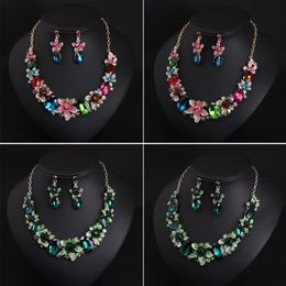 Women Colourful Flowers Bridal Jewellery Sets Wedding Bib Choker Chain Necklace Earrings Cocktail Party Costume Crystal Jewellery2586