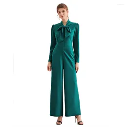 Women's Two Piece Pants 2023 Office Lady Selling Women Playsuits Bow Long Sleeve Sets Straight Wide Leg Bodysuits