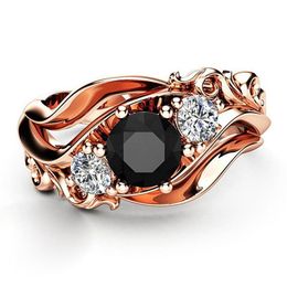 Wedding Rings Huitan Witch Ring Unique Black Stone Prong Setting Band Design Rose Gold Color Women Engagement Finger Wholesa270h