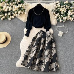 Women's Two Piece Pants Elegant Autumn Winter 2 Set Vintage Women Half High Collar Black Knitted Sweaters Jacquard Flower Skirt Suits