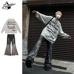 Men's Tracksuits Autumn Winter Set Men Women Vintage Pattern Loose Sweater High Street Washed Gradient Flared Jeans Two-piece