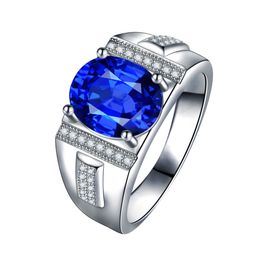 14k White Gold Plated Men's Ring Emerald Cut Lab-Created Blue Sapphire Wedding Ring Male Engagement Gift