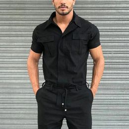 Men's Pants Light Weight Cargo Coveralls Jumpsuit Zip Up Long Sleeve Solid Color Workwear With Waist Belt Men Rompers