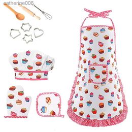 Kitchens Play Food 4/11Pcs Kids Cooking Apron Gloves Hat Set Pink Easter Halloween Child Chef Kitchen Baking Tool Chef Costume Role Play House ToysL231026