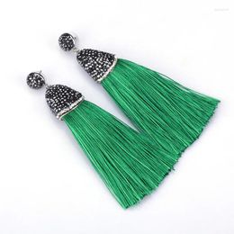 Dangle Earrings Boho Green Collection Dark Olive Silk Chunky Thick Tassel With Rhinestone Cap Charm Studs For Women