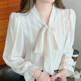 Women's Blouses Females Blusas Mujer Chiffon Fashion Elegant Clothing Solid Bow Long Sleeve V-Neck Tops Flare Sleeves Office Ladies