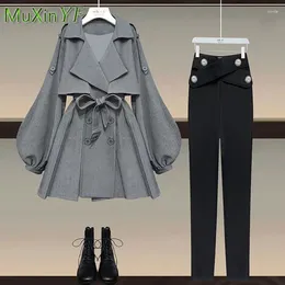 Women's Two Piece Pants Korean Elegant Spring Autumn Suit Women Fashion Trench Coat Slim Hight Waist Trousers Two-piece 2023 Casual Jacket