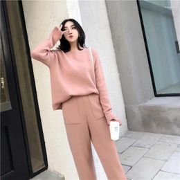 Women's Two Piece Pants 2023 Winter Knitted 2 Pieces Set Tracksuits Women Thick Warm O-neck Loose Sweater Ankle-Length Cashmere Suit N245