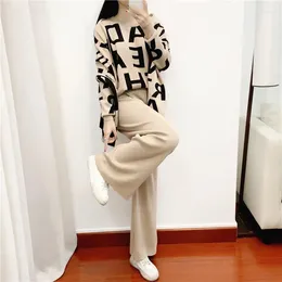Women's Two Piece Pants Winter Thick Knitted Pieces Set Women Warm Round Collar Pullover Sweater Wide Leg Letter Print Suit T12