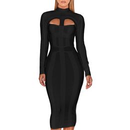 Ocstrade Women Black Bandage Dress Bodycon New Arrivals Sexy Cut Out High Neck Long Sleeve Party Rayon Bandage Midi Dress 201029286F
