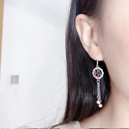 Dangle Earrings 925 Sterling Silver Enamel Flowers Bamboo Hanging Ethnic Vintage Long Tassel Ear Jewellery Gift For Women EH191