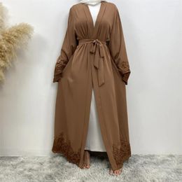 Ethnic Clothing Dubai Kimono Sleeve Cardigan Women Open Front Abayas Robe Muslim Islamic Lace Abaya Kaftan With Belted Embroidery Ramadan