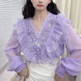 Women's Blouses Flowers Sequined Beads Ruffles Lace Chiffon Patchwork Blouse Women Autumn 2023 V-neck Long Sleeve Shirt Tops