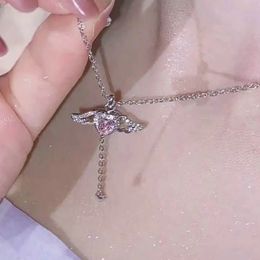 Chokers Kpop Fairy Wings Pink Heart Crystal Pendant Necklace Y2K Egirl Emo Women Clavicle Chain Choker Fashion Jewellery Gifts 231025