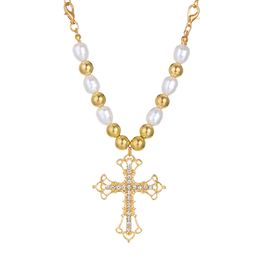 Fashion Light Luxury Diamond Cross Pendant Necklace Isn Style Pearl Necklace For Women Y2K Jewelry