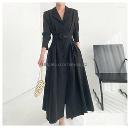 Basic Casual Dresses Chic Elegant Autumn Spring Single Breasted Windbreak Long Dress For Women Notched Collar Pockets Office Ladie Dh7Eu