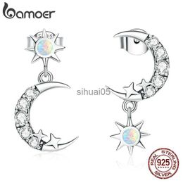 Stud bamoer 925 Sterling Silver Shining Star and Moon Earrings Crystal Golden Buckle for Women Engagement Ear Jewellery YQ231026