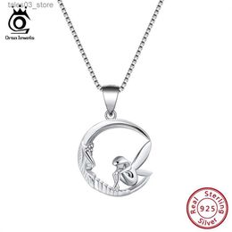 Pendant Necklaces ORSA JEWELS % Real 925 Silver Necklaces And Pendants Fairy Sitting On Moon Original Romantic Necklace Girl Jewellery Gift SN106 Q231026