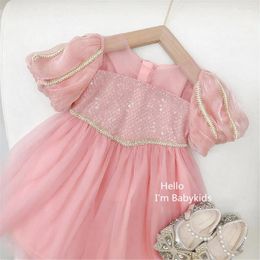 Girl Dresses Cute Baby Girls Princess Dress For Party Birthday 2023 Summer Puff Sleeve Sequined Tulle Kids 2-8 Y Children Clothes