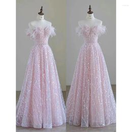 Ethnic Clothing Women Pink Sequins Beading Formal Ball Gown Toast Elegant Off Shoulder Party Wedding Dress