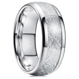 8mm Tungsten Mens Ring Inlay Meteorite Silver Polished Wedding Bands Men's 316L Stainless Steel Ring Size 7-13#307a