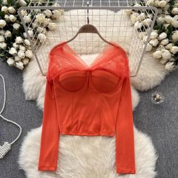 Women's Blouses Slash Neck Blouse For Women Build In Bra Tulle Patchwork Long Sleeve Skinny Base Shirts Autumn Versatile Female Tops