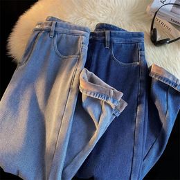 Men's Jeans KAPMENTS Fleece Vintage Velvet Denim Pants Straight Pant Blue Korean Fashions Wide Leg Y2k Hip Hop Harem