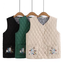 Women's Down Parkas Fall Winter Parka Plus Size Clothing Middle Aged Sleeveless Jacket Fashion Argyle Pocket Floral Embroidered Quilted Vest 231025
