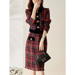 Work Dresses 2PCS Autumn Winter Women Fashion Short Plaid Long Sleeve Jackets Female High Waist Skirts Ladies Casual Clothing Suits R236