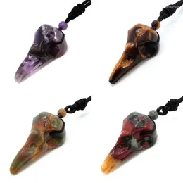 Pendant Necklaces KFT Hand Carved Crystal Agates Bird Head Skull Natural Amethysts Rose Pink Quartz Stone Adjustable Rope Chain Necklace