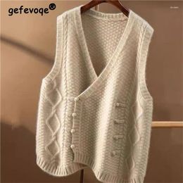 Women's Knits Autumn Winter Loose Casual Vintage Sweater Vest Female Sleeveless Solid Color All-match Knitting V-neck Cardigan Tank Top