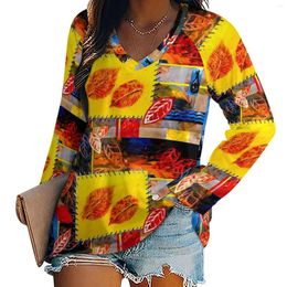 Women's T Shirts Patchwork Print Red Leaves Street Style T-Shirt Long Sleeve Vintage Custom Tees Women Clothing Big Size 4XL 5XL