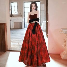 Ethnic Clothing Elegant Burgundy Velour Floral Print Party Gown Bride Sexy Tube Top Long Evening Dress Toast