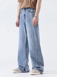 Men's Jeans YIHANKE Retro Pants Design Long Trousers Tide Brand Loose Straight -legged Wide -leg Vertical Blue Y2k Clothes