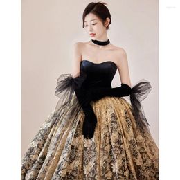 Ethnic Clothing 2023 Bride Floor Length A-line Tulle Evening Dress Toast Elegant Tube Top Floral Print Party Gown