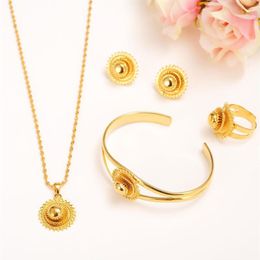 14k Yellow Solid Fine Gold Filled Jewellery set Bride Glaze Multichamber Lace Pendant Necklace Bangle Earring Ring African sets Mult254z