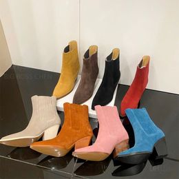 Top quality nubuck leather Chunky block heels Western boots Combat ankle boots Pointy fashion luxury designer boots women Blue Red pink yellow brown 7.5cm